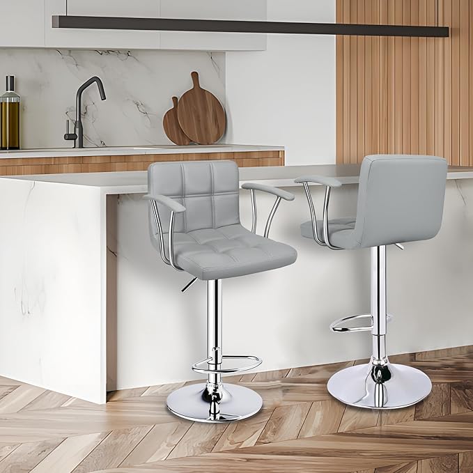 Bar Stools Set of 2,Armrest Adjustable Swivel Barstools with Back,Double Needle PU Leather Counter Height Bar Stools for Kitchen Island, Light Grey