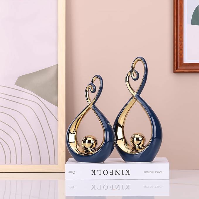 Blue Decor Accent, Porcelain Art Mid Century Modern Blue and Gold Decorations, Dining Table Objects, Abstract Ceramic Statue Sculpture - for Bookshelf Tv Stand Centerpiece Centro De Mesa