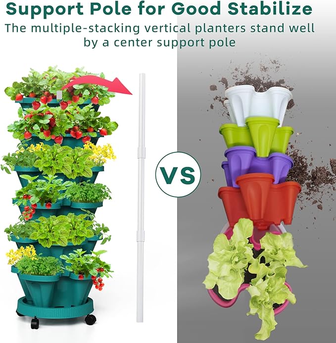 Strawberry Vertical Planters Tower Garden, 6 Tiered Stacking Planter with Support Pole, Stackable Herb Vegetable Planters Indoor and Outdoor