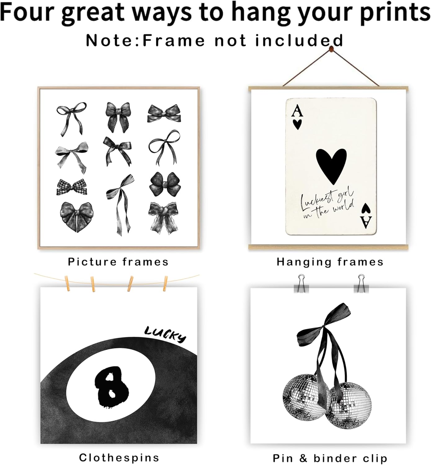 okaxscm Black Coquette Trendy Preppy Wall Art Prints Set of 4,Coquette Room Decor,Preppy Room Decor Aesthetic, Black Bow Disco 8 Ball Cherry Wall Decor Posters for Girls Bedroom Dorm, 10x10 Unframed