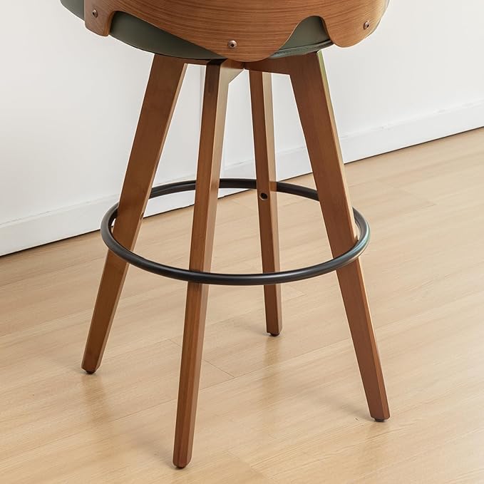 26.7” Swivel Bar Stools Set of 3,Green Faux Leather Counter Height Stools with Armrest and Fishtail-Shaped Back,Mid Century Modern Barstools,Walnut Bar Chair for Kitchen Island or Home Bar