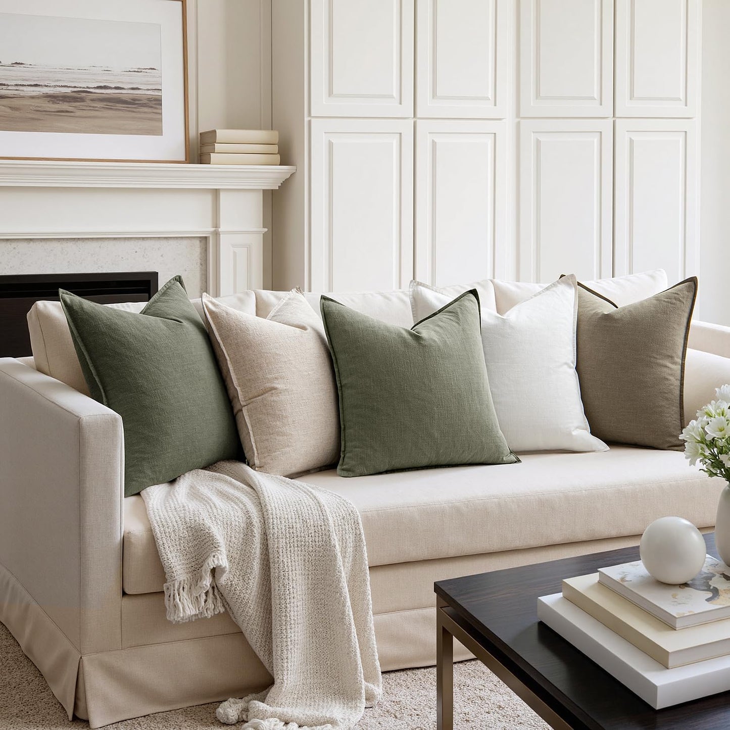 MIULEE Decorative Linen Pillow Covers 20x20 Inch Olive Green Boho Farmhouse Neutral Couch Throw Pillows for Bed Pack of 2 Accent Outdoor Pillowcase Modern Sofa Cushion Livingroom Home Decor