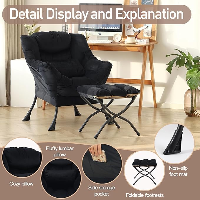Lazy Chair with Ottoman, Modern Accent Chair with Lumbar Pillow, Comfy Chairs with Folding Footrest for Bedroom, Reading, Oversized Supportive Lounge Chairs(Velvet Black)