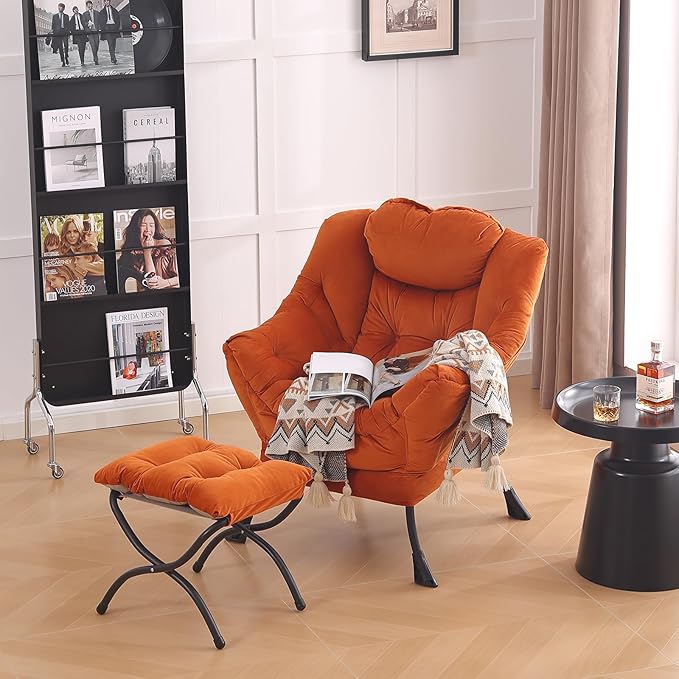 LITA Lazy Chair with Ottoman, Modern Lounge Accent Chair with Armrests and a Side Pocket, Leisure Upholstered Sofa Chair Set, Reading Chair with Footrest for Small Space, Corner Chair,Orange