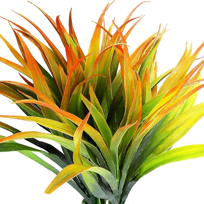 CLONG Artificial Fake Grass Plants Faux Grass Outdoor UV Resistant Fake Bushes Artificial Shrubs Plastic Plant (16, Orange and Green)