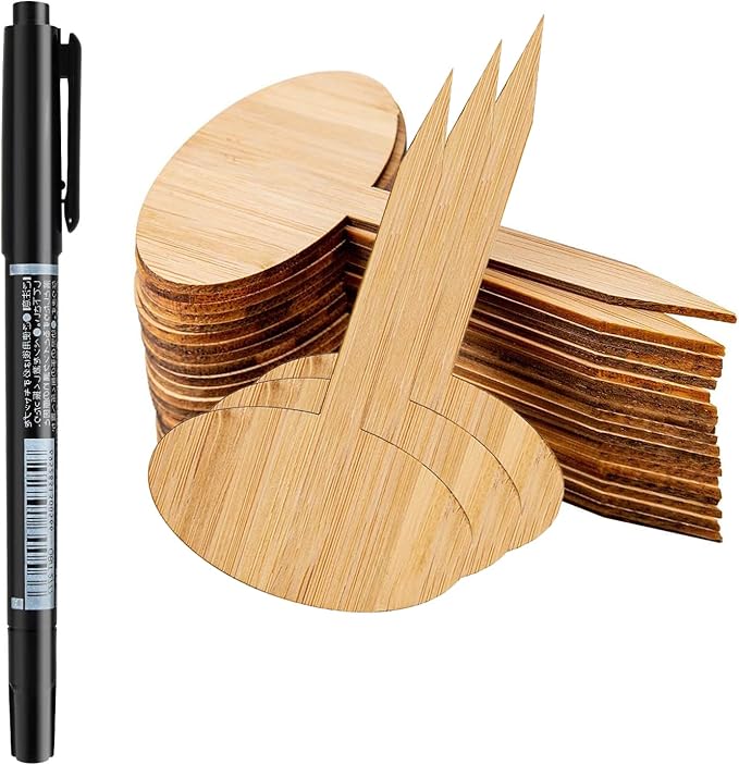 OBTANIM 75 Pack Bamboo Oval Plant Labels with A Marker Pen, Garden Markers Sign Plant Tags for Seedling Potted Herbs Flowers Vegetables