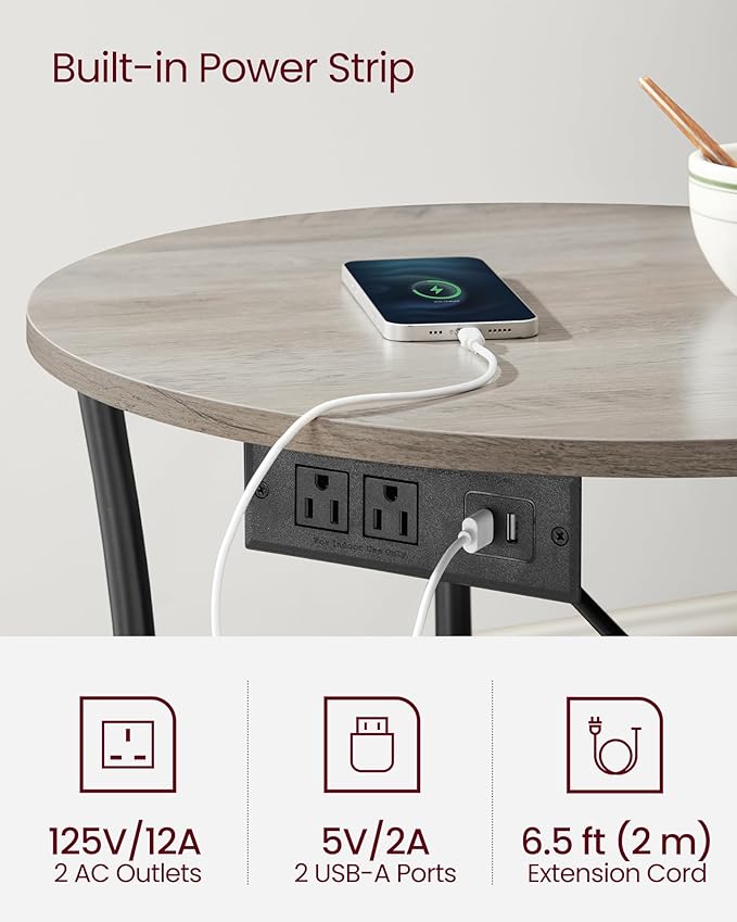 VASAGLE Side Table, 2-Tier Round End Table with Power Outlets, Nightstand with Steel Frame for Small Spaces, Living Room, Bedroom, Heather Greige and Ink Black ULET077L01