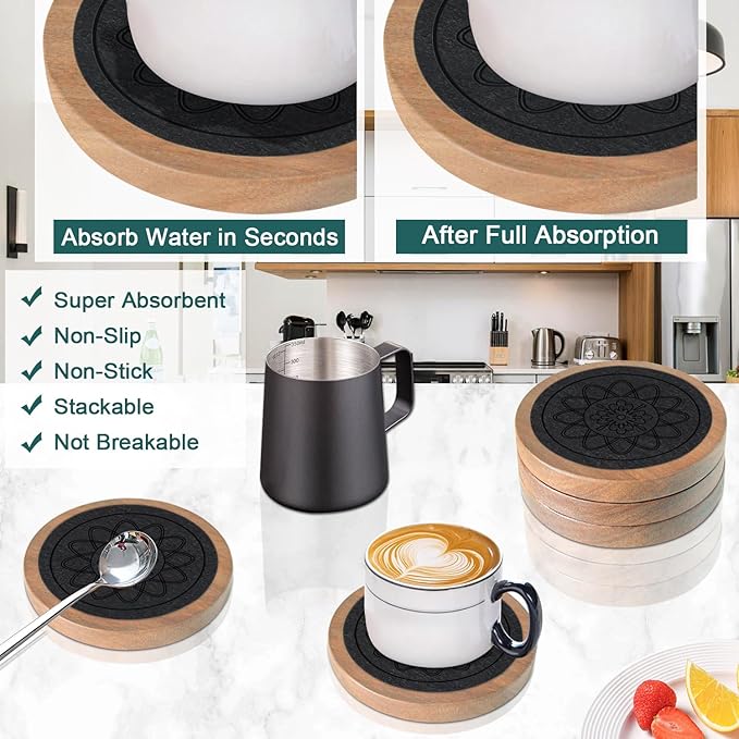 Wood Coasters for Drinks, Minacun Absorbent Coaster Sets of 5, Drinks Coasters for Coffee Tabletop Protection, Non-Slip, Non-Stick, Suitable for Kinds of Cups Wooden Table Drink, 4.3 Inches Black