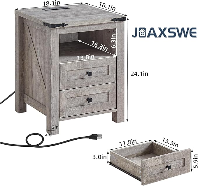 Nightstand with Charging Station and USB Port, Farmhouse Night Stand with 2 Drawers and Shelf Storage, Wooden Side End Table, Bedside Cabinet for Bedroom, Living Room, Closet,Office (Grey)