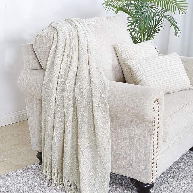 BOURINA Beige Throw Blanket 60x80 Inches Throw Textured Solid Soft Sofa Throw Couch Knitted Decorative Blanket
