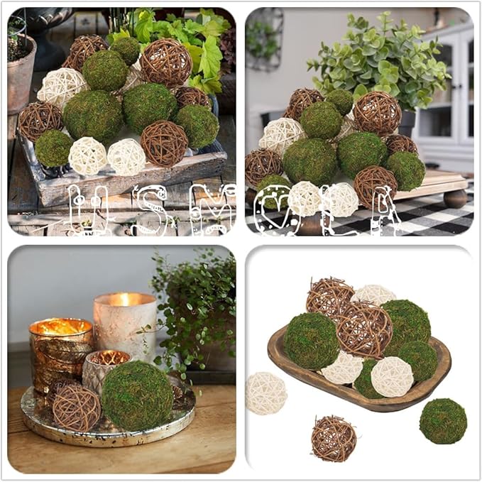18Pcs Decorative Balls for Centerpiece Bowl - 6Pcs Fake Moss Balls + 12Pcs Rattan Wicker Balls, Artificial Moss Decorative Balls Vase Fillers for Home Garden Wedding Party Decor (Rustic)