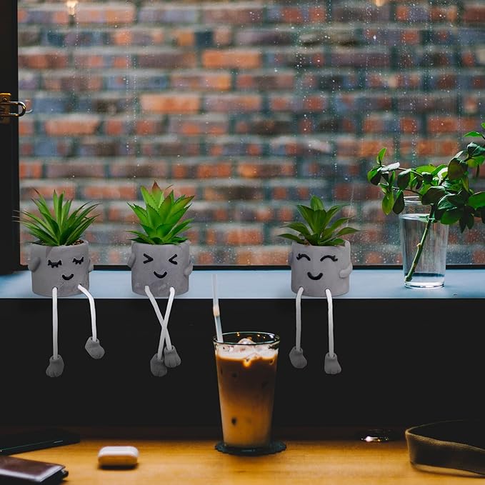 Creative Artificial Succulent Plants with Gray Pots Mini Potted Succulents Cute Fake Plants Succulents with Hanging Leg & Emotional Cement for Home Office Desk Decor and Gift Choice