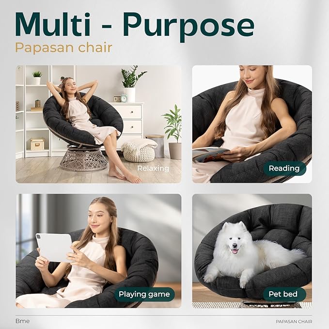 Bme 40" Ergonomic Wicker Papasan Chair with Soft Thick Cushion & Frame, 360° Swivel, Circle, Reading, Comfy Chair for Living Room, Bedroom
