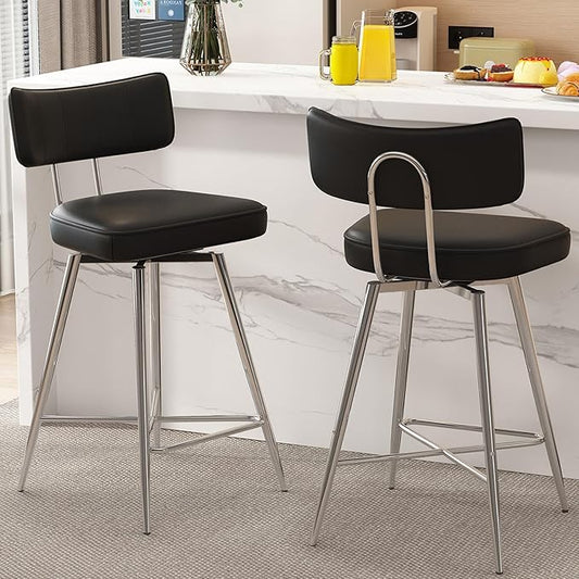 Swivel Counter Height Bar Stools Set of 2, 26" Leather Kitchen Swivel Counter Stools with Backs, Metal Legs and Footrest, Bar Chairs for Kitchen Island, Black