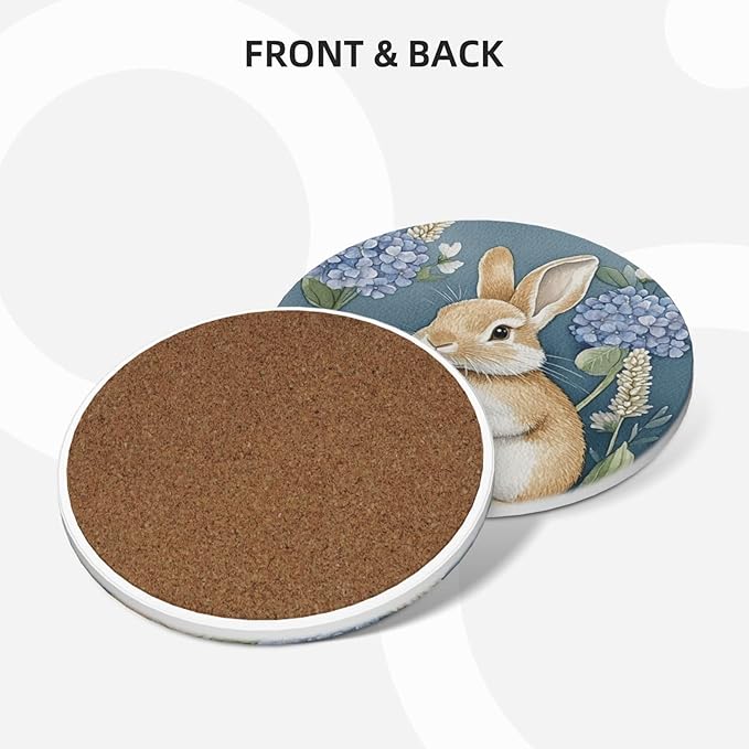 Easter Hydrangea Bunny Coasters for Drinks Cute Rabbits Flowers Spring Seasonal Absorbent Ceramic Coaster Set of 4 for Coffee Table Cup Bar Desk Round Coasters Mat with Cork Base