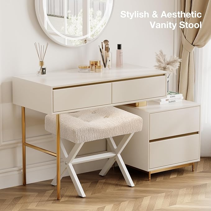 18-Inch Large Vanity Stool Chair, Vanity Bench with Metal X-Legs, Ottoman Accent Stool with Breathable and Soft Boucle Fabric Saddle Seat, Beige