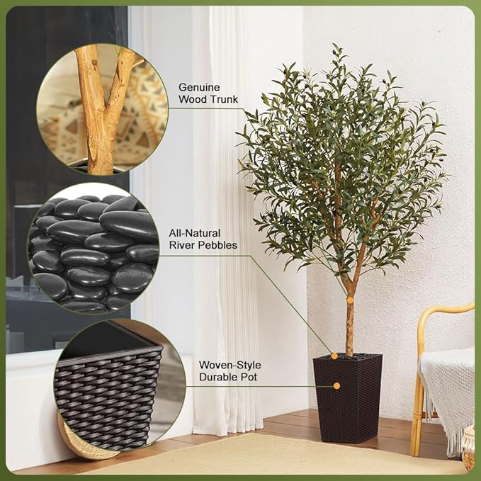 Artificial Olive Tree 6FT, Faux Olive Trees with Real Wood Trunk, UV Resistant Fake Plants in Planter & River Rocks, Indoor Tall Silk Plant for Home Living Room Office Outdoor Decor, VN133