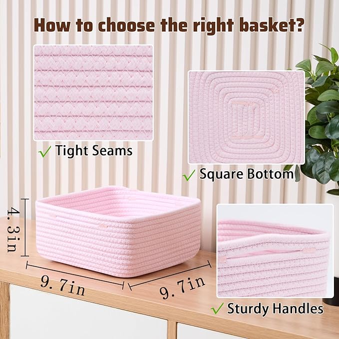 Small Square Shallow Baskets for Organizing, 9.7x9.7x4.3 Inch Rope Woven Storage Bins for Cubes Closet, Shelves Storage, Boho Decorative Basket, 2 Packs Light Pink