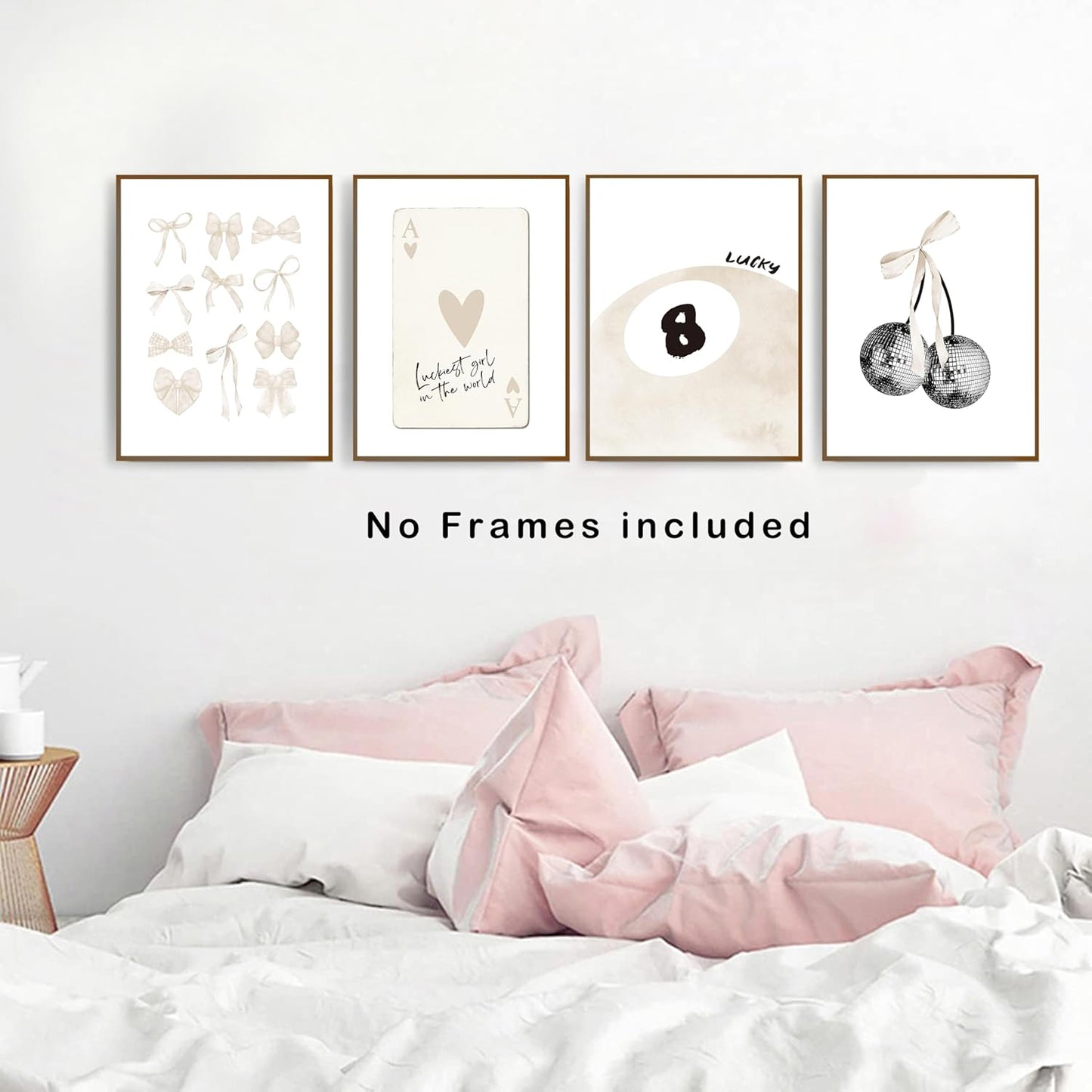 Beige Coquette Trendy Preppy Wall Art Prints Set of 4,Coquette Room Decor, Preppy Room Decor Aesthetic,Beige Bow Disco 8 Ball Cherry Wall Decor Posters for Girls Bedroom Dorm, 12x16 Unframed