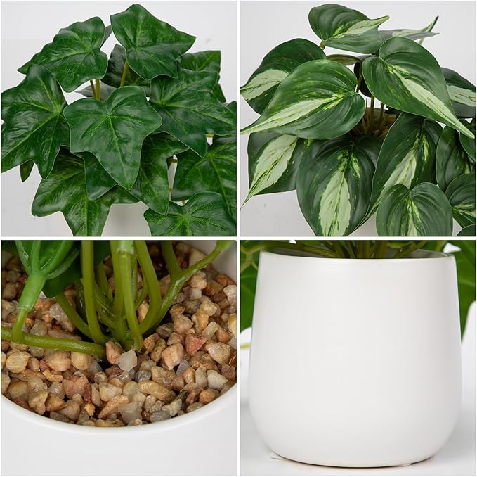 Fake Plants Set of 2 Artificial Plants Faux Ivy Pothos with White Ceramic Pots Fake Potted Plants Artificial Decor for Home Bathroom Shelf Desk Indoor