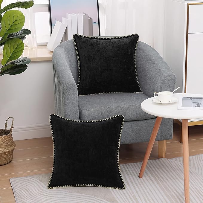 decorUhome Chenille Soft Throw Pillow Covers 24x24 Set of 2, Farmhouse Velvet Neutral Decorative Euro Pillow Covers with Stitched Edge for Couch Sofa Bed Home Decor, Black