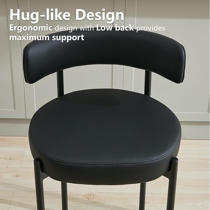 24'' Faux Leather Bar Stools Set of 3, Counter Height Bar Stools with Backs, Upholstered Counter Chairs for Kitchen Island (Vegan Leather,Black)