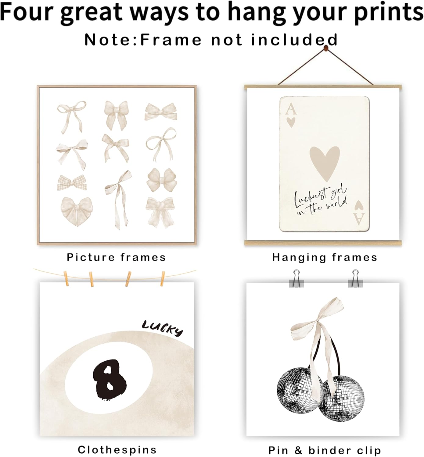 okaxscm Beige Coquette Trendy Preppy Wall Art Prints Set of 4, Coquette Room Decor, Preppy Room Decor Aesthetic, Beige Bow Disco 8 Ball Cherry Wall Decor Posters for Girls Bedroom Dorm,10x10 Unframed