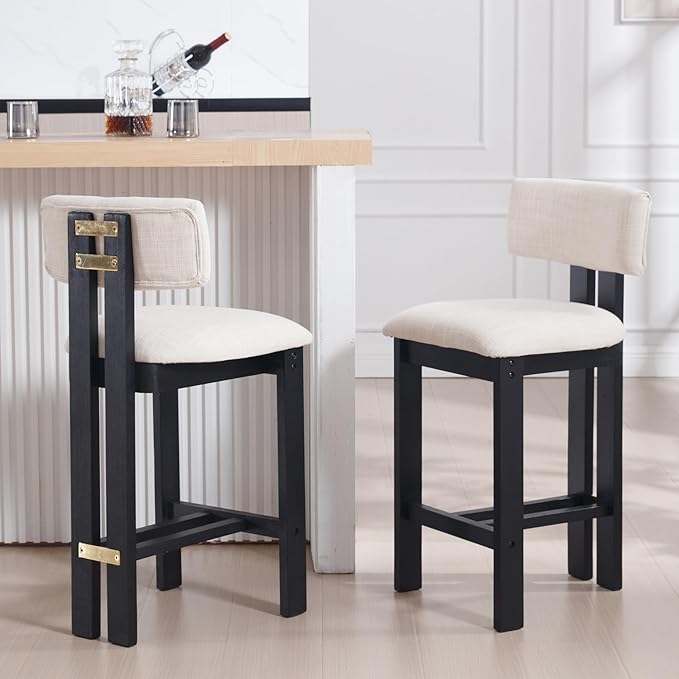 26" Counter Stools Set of 2 Counter Height Bar Stools with Back and Black Solid Wood Legs Modern Farmhouse Linen Upholstered Kitchen Bar Stools Countertop Bar Chairs, Beige