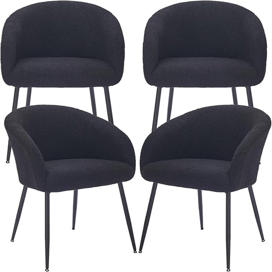 Modern Small Accent Chair Set of 4, Comfy Sherpa Makeup Vanity Chair with Metal Legs, Decorative Dining Chair no Wheels for Living Room, Dressing Room, Bedroom, Black