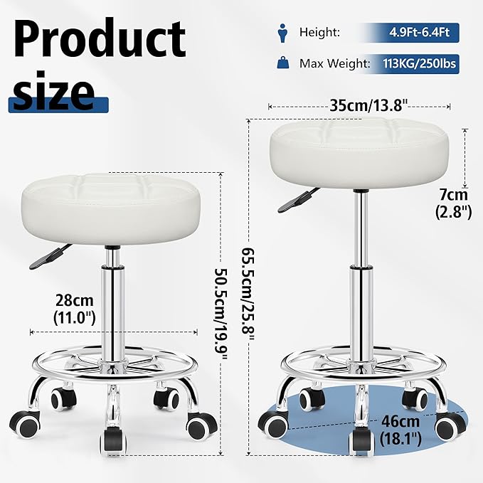 Rolling Stool with Wheels, PU Leather Small Office Chair with Foot Rest,Versatile Adjustable Swivel Stool for Tattoo Massage Salon Spa Teach Medical Facial Office Home Work Kitchen White