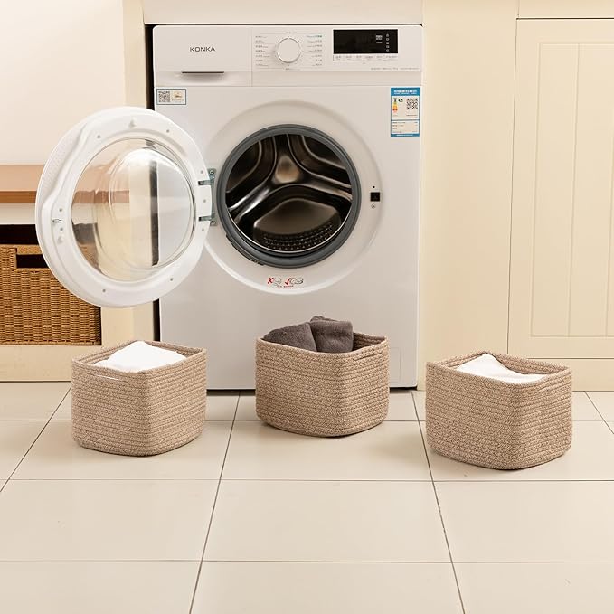 OIAHOMY 9”x9”x7” Storage Cubes, Cotton Rope Woven Baskets for Organizing, Cube Storage Bin, Small Gift Basket for Shelf, 3-Pack, Brown