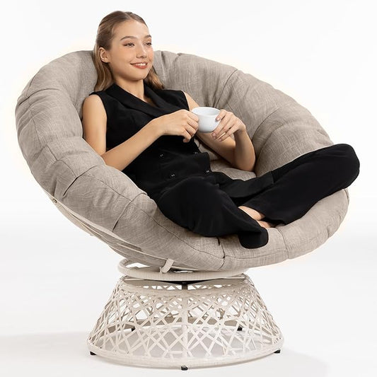 Bme 40" Ergonomic Wicker Papasan Chair with Soft Thick Cushion & Frame, 360° Swivel, Circle, Reading, Comfy Chair for Living Room, Bedroom