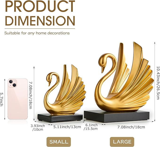 FJS Modern Gold Statue Swan Decor for Living Room, 7.08" H Luxury Sculptures Home Décor Accents for Entryway TV Stand Coffee Table Ceterpiece, Resin Decorations for Dining Room Bedroom Office (Small)