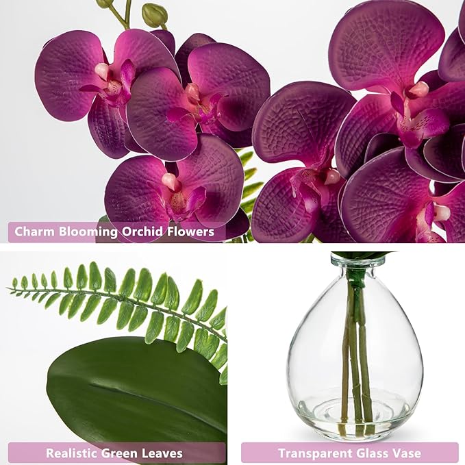 Purple Orchids Artificial Flowers, Faux Orchid in Glass Vase Real Touch Small Phalaenopsis Orchid Flowers Arrangements with Clear Vase Orchid Centerpiece for Dining Room Table