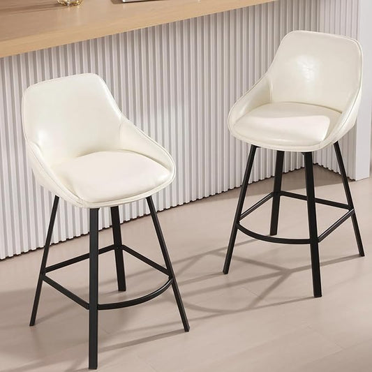 Zesthouse Swivel Counter Height Stools Set of 2, Modern Upholstered Barstools with Backs, 26'' Faux Leather High Chairs for Island Kitchen, Counter Height Chairs with Metal Legs, White