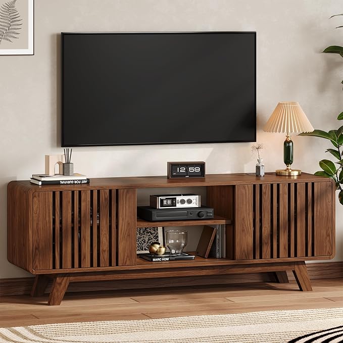ONBRILL 63-Inch TV Stand for TVs up to 75 Inch, Mid-Century Modern Television Stand with Power Outlet, Entertainment Center with Sliding Grille Door Cabinets and Open Shelves for Living Room, Walnut
