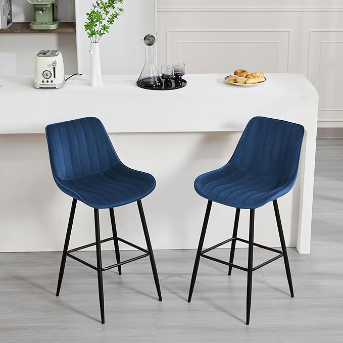 24" Bar Stools Set of 2, Counter Height Bar Chairs with Back, Modern Velvet Upholstered Barstools, Kitchen Island Stools for Bar, Kitchen Counter, Top Height 35"-38", Blue