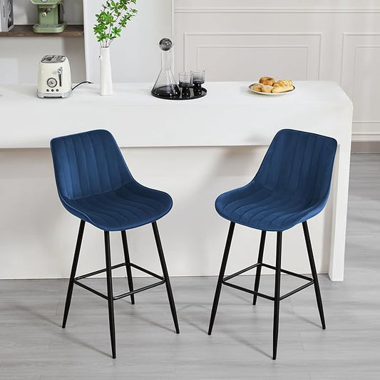 24" Bar Stools Set of 2, Counter Height Bar Chairs with Back, Modern Velvet Upholstered Barstools, Kitchen Island Stools for Bar, Kitchen Counter, Top Height 35"-38", Blue