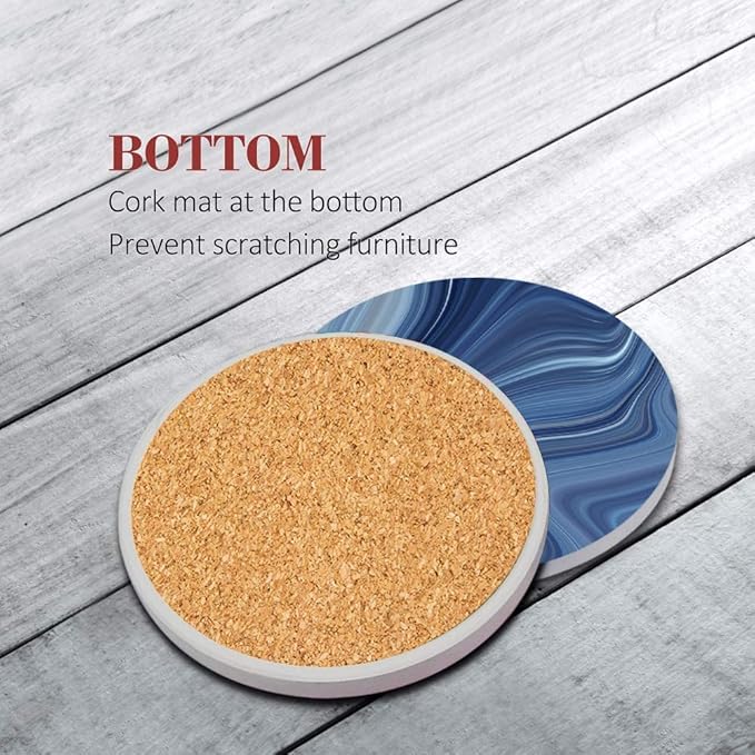 Britimes Coaster for Drinks Set of 6, Vintage Retro Colorful Blue Marble Absorbent Round Ceramic Stone Mat, with Cork Base and Metal Holder, Gift for Housewarming Room Bar Decor