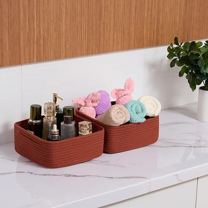 Small Square Shallow Baskets for Organizing, 9.7x9.7x4.3 Inch Rope Woven Storage Bins for Cubes Closet, Shelves Storage, Boho Decorative Basket, 2 Packs Oxide Red
