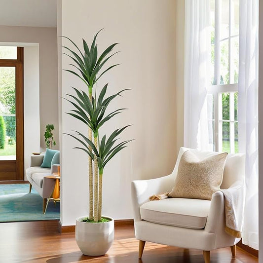 5ft Faux Agave Plant Artificial Tree with 45 Leaves and 3 Large Realistic Trunks,Fake Floor Potted Artificial Tall Plants for Home Office Garden Decor Indoor (5Feet,1Pack)