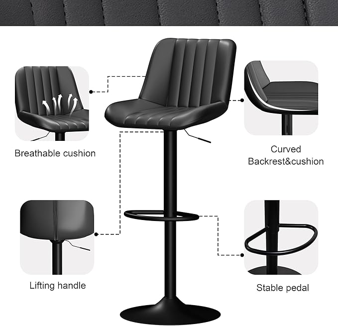 JAMFLY Bar Stools Set of 2, Swivel Bar Height Chairs Set of 2, Adjustable Tall Leather Bar Stools for Kitchen Island, Black