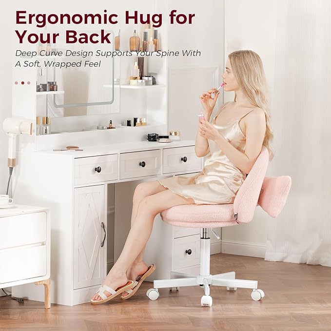 COMHOMA Vanity Chair with Teddy Velvet, Small Tall Armless Chair with Back, Cute Candy Chair for Girls Gift Living Room/Makeup Room/Bedroom/Kitchen (Height Use: Adjustable from Desk to Bar Height)