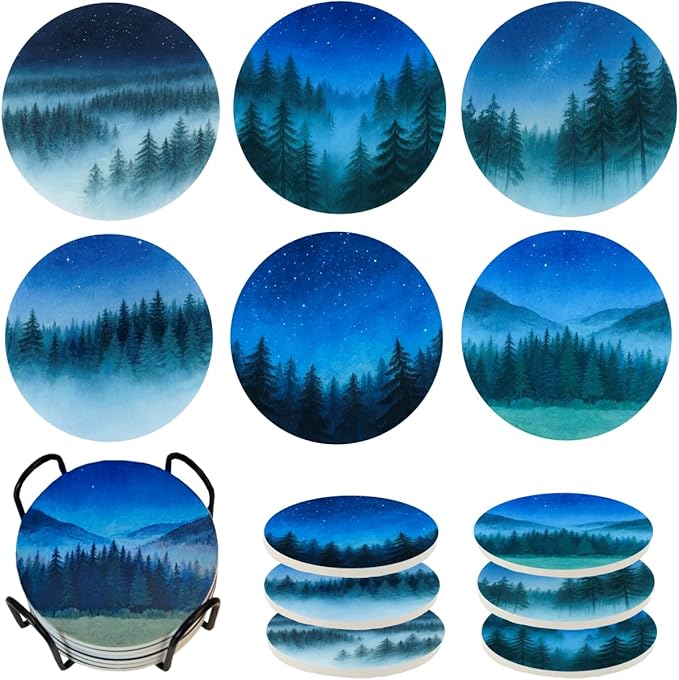 Watercolor Starry Night Forest Coasters Set of 6 with Holder - Ceramic Drink Coasters & Wall Art, Nature-Themed Home Decor for Living Room, Coffee Table - Unique Housewarming