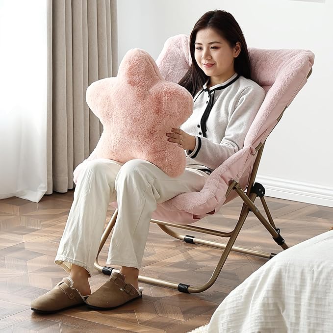 Welnow Comfy Saucer Chair, Oversized Folding Reading Chair for Adults with Throw Pillow Soft Faux Fur Lounge Chair for Bedroom Furry Accent Chair for Living Room, Dorm Rooms, Pink