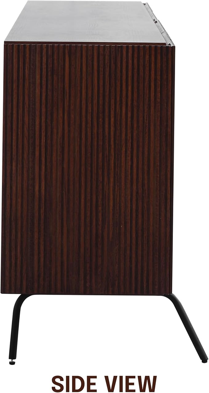 NTC Veil Modern Sideboard with 4 Doors, Buffet Cabinet with Vertical Groove Design and Metal Legs, Storage Cabinet for Living Room, and Hallway, Effortless Assembly - Dark Walnut