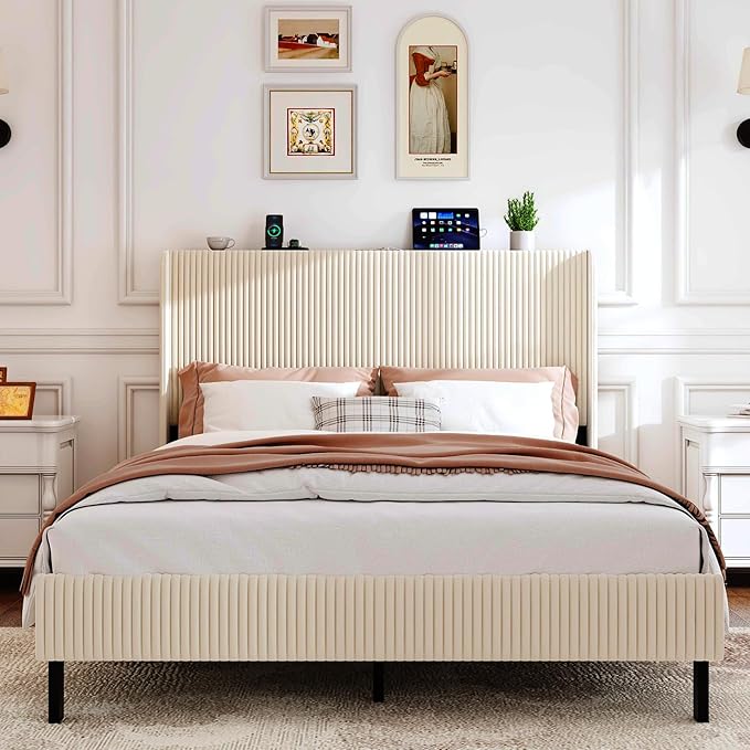 Upholstered Bed Frame Full Size Beige Velvet Wingback Headboard with Charging Station Vertical Channel Tufted Platform Bed Metal Slats Foundation No Box Spring Needed, Easy Assembly