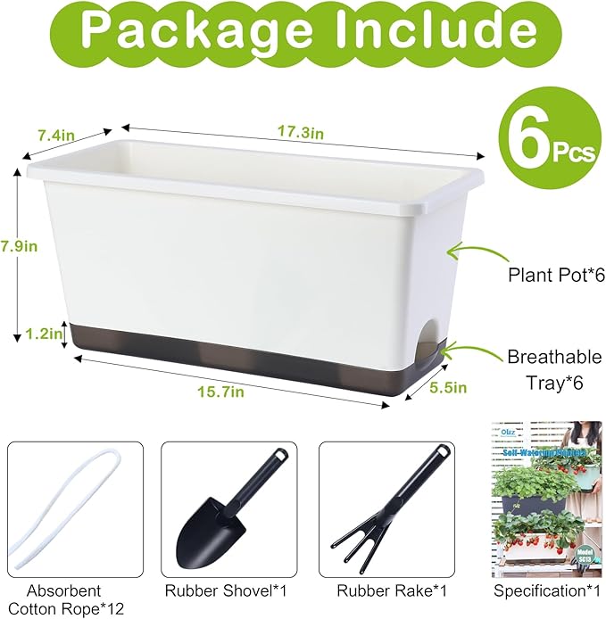 Window Box Planter 6 Pcs, 17 Inches Rectangle Flower Pots with Drainage Holes and Trays, Vegetable Planters for Windowsill Patio Garden Balcony Home Porch Yard Indoor Outdoor (White, 17*7.4*7.8 inch)