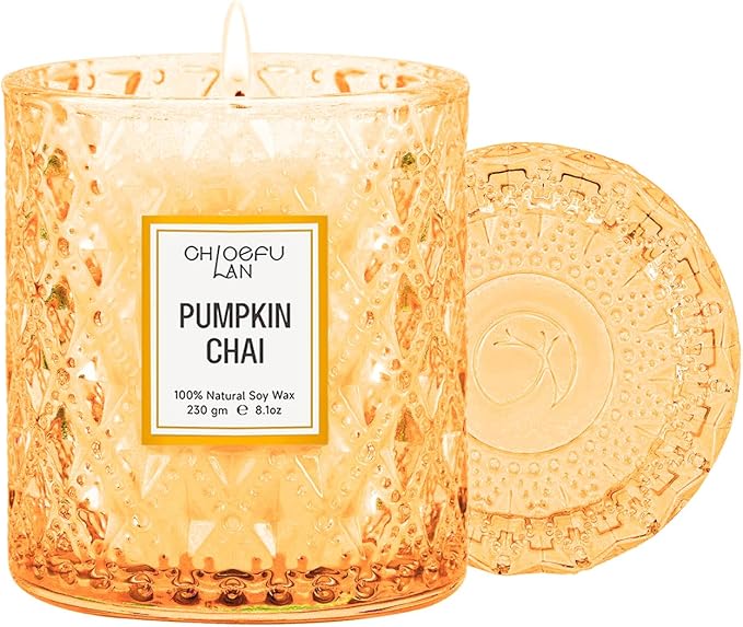 Chloefu LAN Pumpkin Chai Candles Halloween Candle Gift, Farmhouse Candles for Home, Luxury Scented Soy Jar Fall Candle with up to 55 Hour Long Lasting, Home Decor, Barn Fall Decor Pottery, 8.1oz