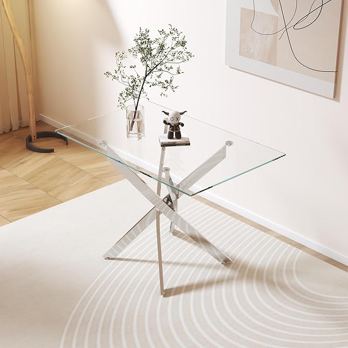 Tempered Glass Dining Table 48 Inch Mordern Rectangular Kitchen Table with Black Metal Legs for Dining Room Kitchen